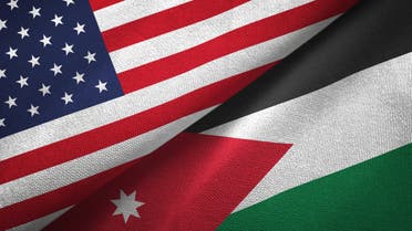 Jordan and United States two flags together textile cloth, fabric texture stock photo