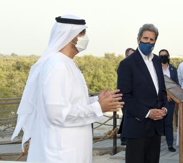 UAE Special Envoy for Climate Change and Abu Dhabi National Oil Company CEO, Sultan Ahmed Al Jaber, speaks alongside U.S. Special Presidential Envoy for Climate John Kerry during a visit to Jubail Mangrove Park, in Abu Dhabi, United Arab Emirates April 3, 2021. (Supplied:WAM)