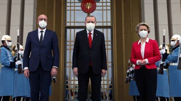 Turkish President Tayyip Erdogan meets with European Council President Charles Michel and European Commission President Ursula von der Leyen in Ankara, Turkey April 6, 2021. (Presidential Press Office/handout via Reuters)