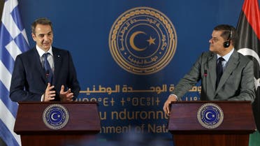 Greek Prime Minister Kyriakos Mitsotakis speaks during a joint news conference with Libyan Prime Minister Abdulhamid Dbeibeh, in Tripoli, Libya April 6, 2021. (Reuters/Hazem Ahmed)