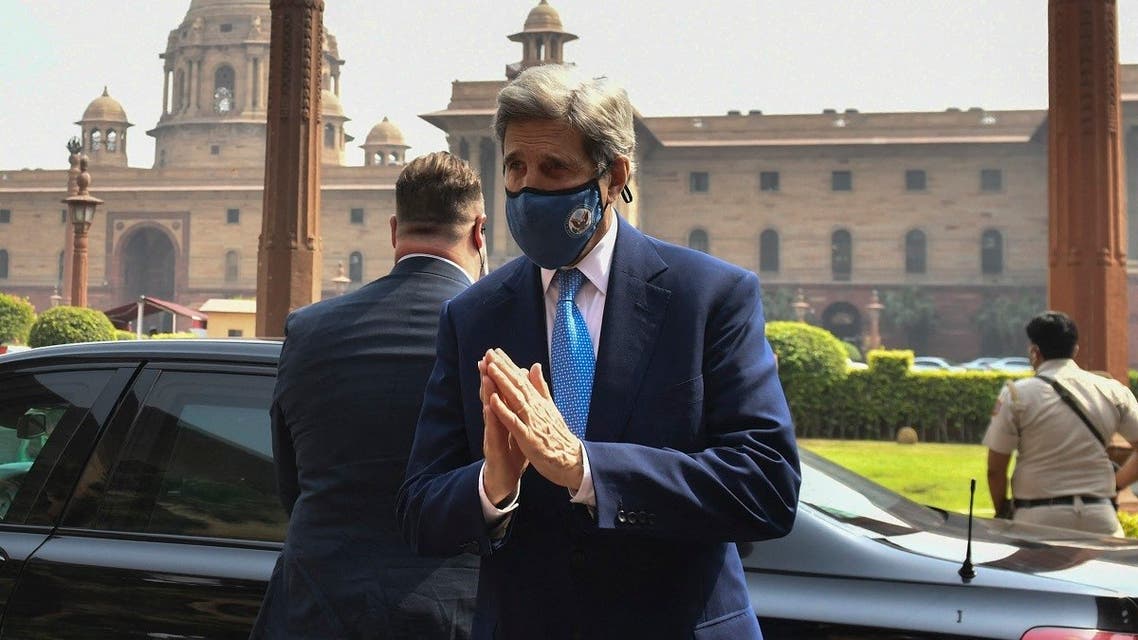 US climate envoy John Kerry gesture as he arrives at the Ministry of Finance for a meeting with Indian Finance Minister Nirmala Sitharaman, in New Delhi on April 6, 2021.(AFP)