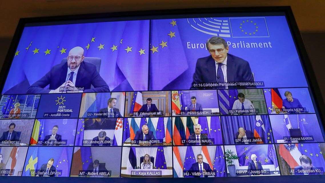 Screens during a video conference on the COVID-19 pandemic between European Council President Charles Michel (L), European Parliament President David Sassoli (R) and European Council leaders, in Brussels, on February 25, 2021. (File photo: AFP)