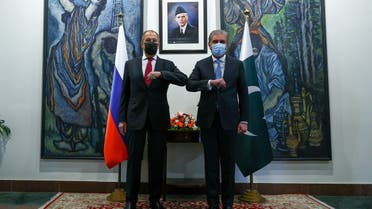 Russia's Foreign Minister Sergei Lavrov and his Pakistani counterpart Shah Mehmood Qureshi pose for a picture during a meeting in Islamabad, Pakistan, April 7, 2021. (Reuters)