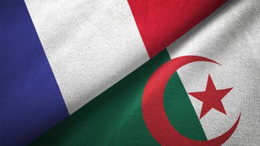 Algeria and France two flags together realations textile cloth fabric texture stock photo