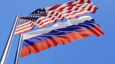 United states of america flag on wall and russian flag stock photo