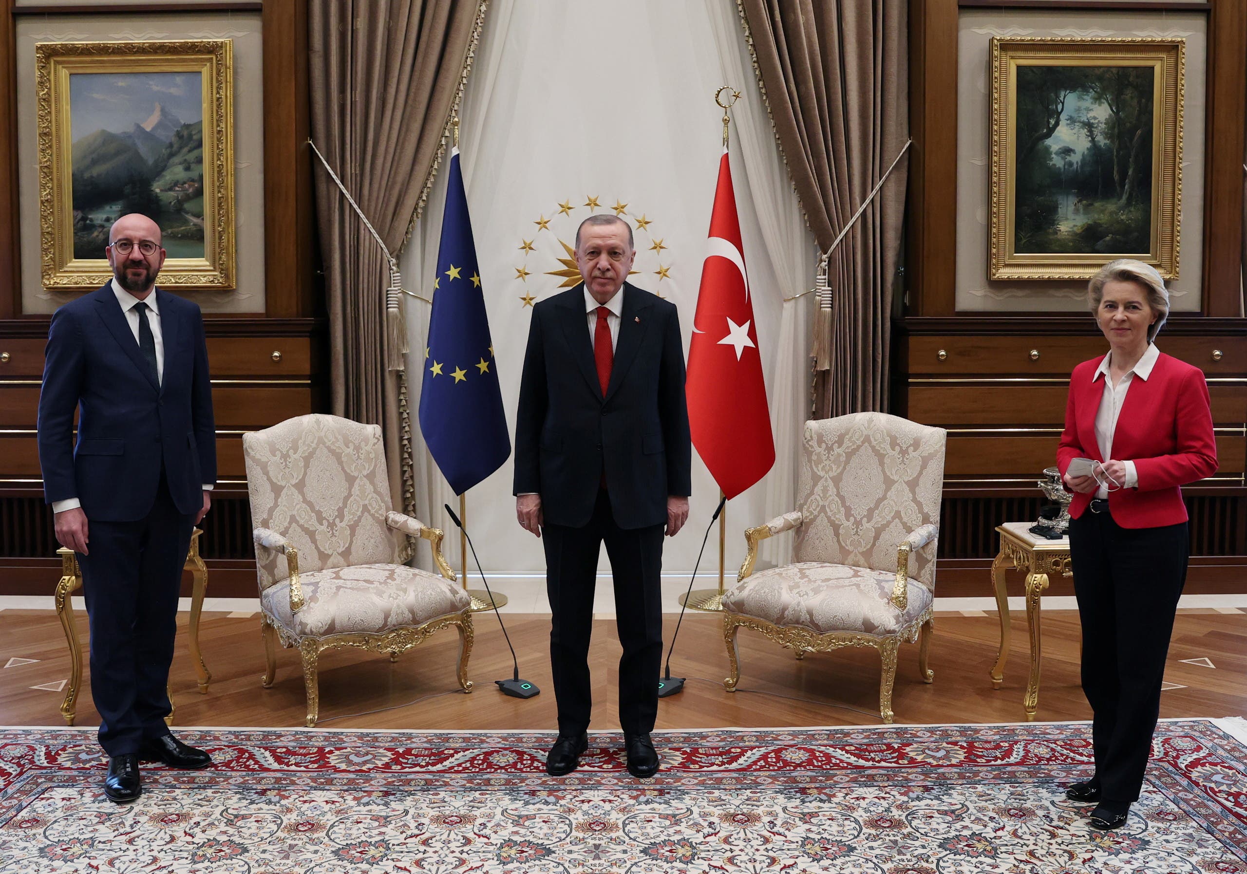 Turkish President Tayyip Erdogan meets with European Council President Charles Michel and European Commission President Ursula von der Leyen?in Ankara, Turkey April 6, 2021. (Reuters)
