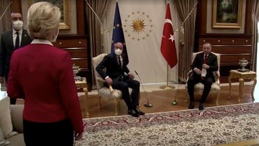 European Commission President Ursula von der Leyen stands as European Council President Charles Michel and Turkish President Tayyip Erdogan take seats in Ankara, Turkey April 6, 2021. (Reuters)
