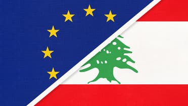 European Union or EU and Lebanon national flag from textile. Symbol of the Council of Europe association. stock illustration