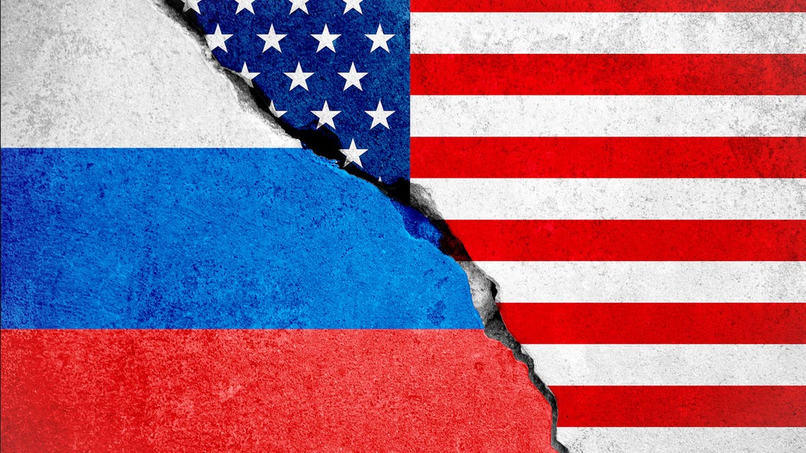 United states of america flag on wall and russian flag stock photo