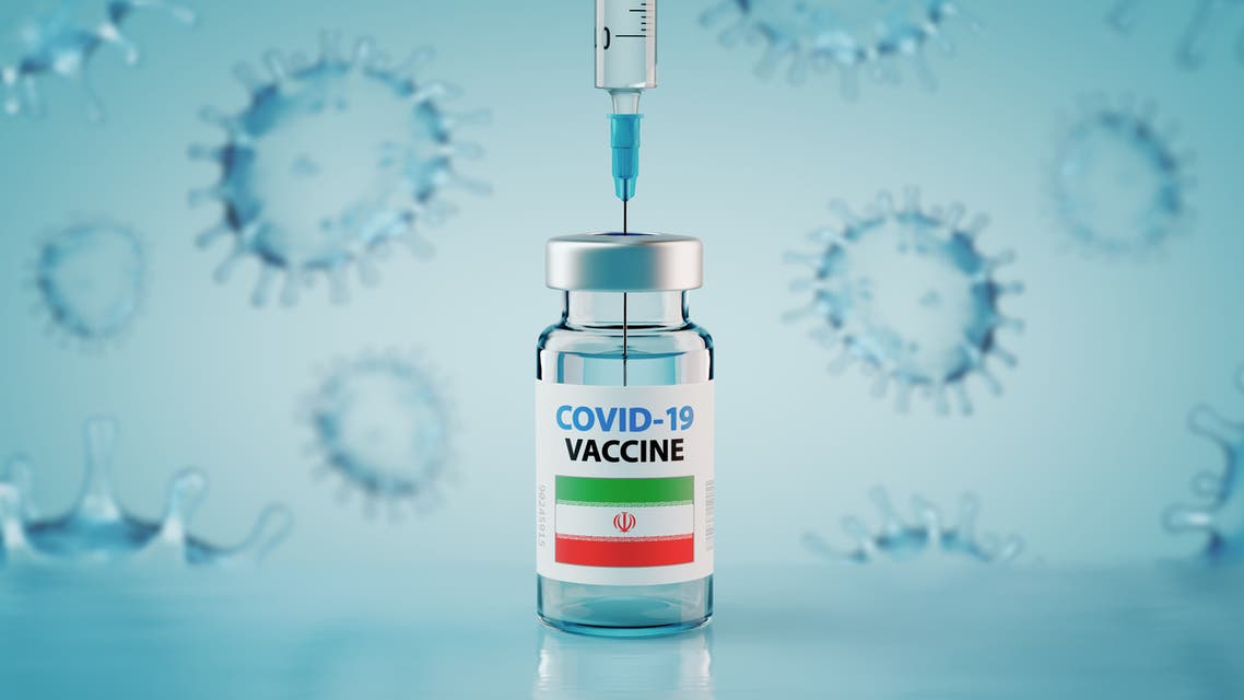 COVID-19 Coronavirus Vaccine and Syringe with flag of Iran Concept Image stock photo