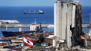 A picture shows a view of the damaged grain silos at the port of the Lebanese capital Beirut, on April 9, 2021, still reeling from the destruction due to a catastrophic blast in a harbour storage unit last August that killed more than 200 people and damaged swathes of the capital.