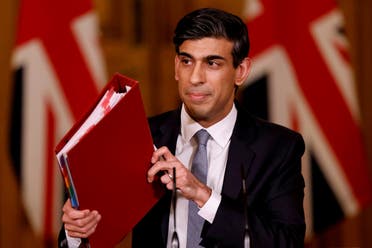Britain’s Chancellor of the Exchequer Rishi Sunak attends a virtual press conference inside 10 Downing Street in central London, Britain, on March 3, 2021. (Reuters)