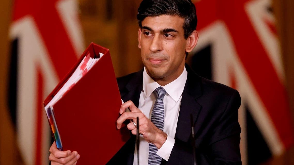 Britain’s Chancellor of the Exchequer Rishi Sunak attends a virtual press conference inside 10 Downing Street in central London, Britain, on March 3, 2021. (Reuters)