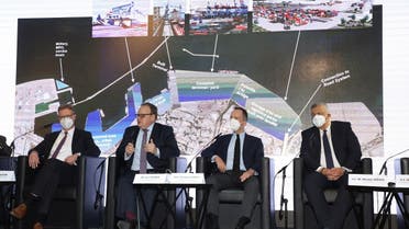 Representatives of German firms attend a press conference to outline proposals to rebuild Beirut port, in Beirut, Lebanon April 9, 2021. (Reuters)