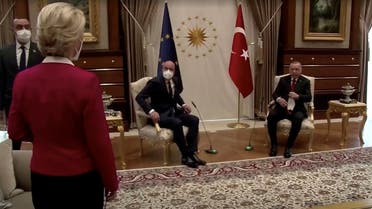 European Commission President Ursula von der Leyen stands as European Council President Michel and Turkish President Erdogan take seats in Ankara, Turkey April 6, 2021, in this screengrab. (European Union/via Reuters)