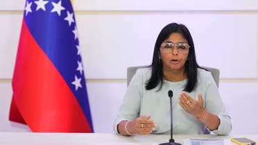 Venezuela’s Vice President Delcy Rodriguez gestures as she speaks during a news conference in Caracas, Venezuela, April 7, 2021. (Reuters/Manaure Quintero)             