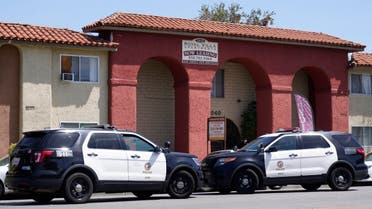Los Angeles Police investigate the scene of a crime at the Royal Villa apartments complex in Reseda, Calif., Saturday, April 10, 2021. (AP)