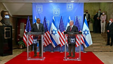 Israeli Prime Minister Benjamin Netanyahu and US Secretary of Defense Lloyd Austin deliver joint statement after meeting at Netanyahu's office in Jerusalem. (Reuters)
