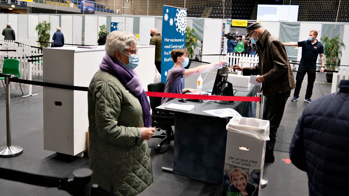 People register to be vaccinated against COVID-19 at a site in Arena Nord in Frederikshavn, Jutland, Denmark, April 12, 2021. (AFP)
