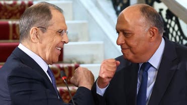 Russian Foreign Minister Sergei Lavrov and Egyptian Foreign Minister Sameh Shoukry hold a joint press conference following their talks in Cairo on April 12, 2021. (AFP)