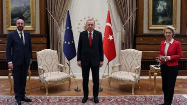Turkish President Tayyip Erdogan meets with European Council President Charles Michel and European Commission President Ursula von der Leyen in Ankara, April 6, 2021. (Reuters)
