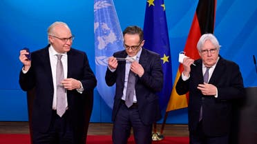 (L-R) US special envoy for Yemen Timothy Lenderking, German FM Heiko Maas and UN Special Envoy for Yemen Martin Griffiths following talks at the Foreign Ministry in Berlin on April 12, 2021. (AFP)