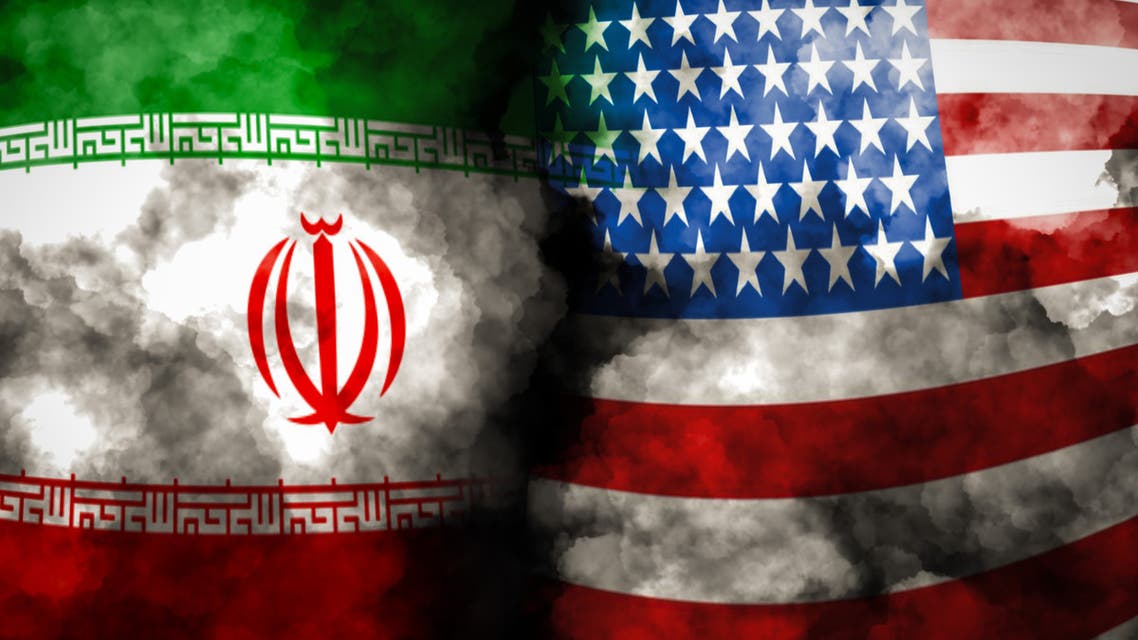 Iran and USA flag on smoke background, USA and Iran Crisis war stock photo