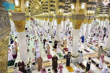 Muslims perform socially-distanced Taraweeh prayers in the Prophet’s Mosque in Medina ahead of the holy month Ramadan. (SPA)