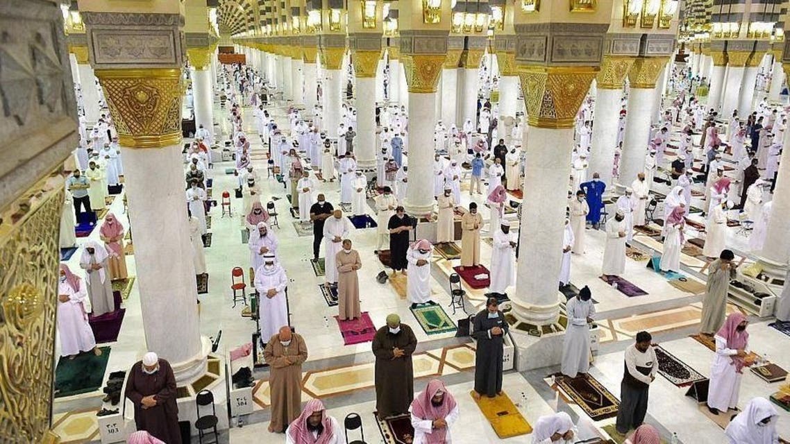 Muslims perform socially-distanced Taraweeh prayers in the Prophet’s Mosque in Medina ahead of the holy month Ramadan. (SPA)
