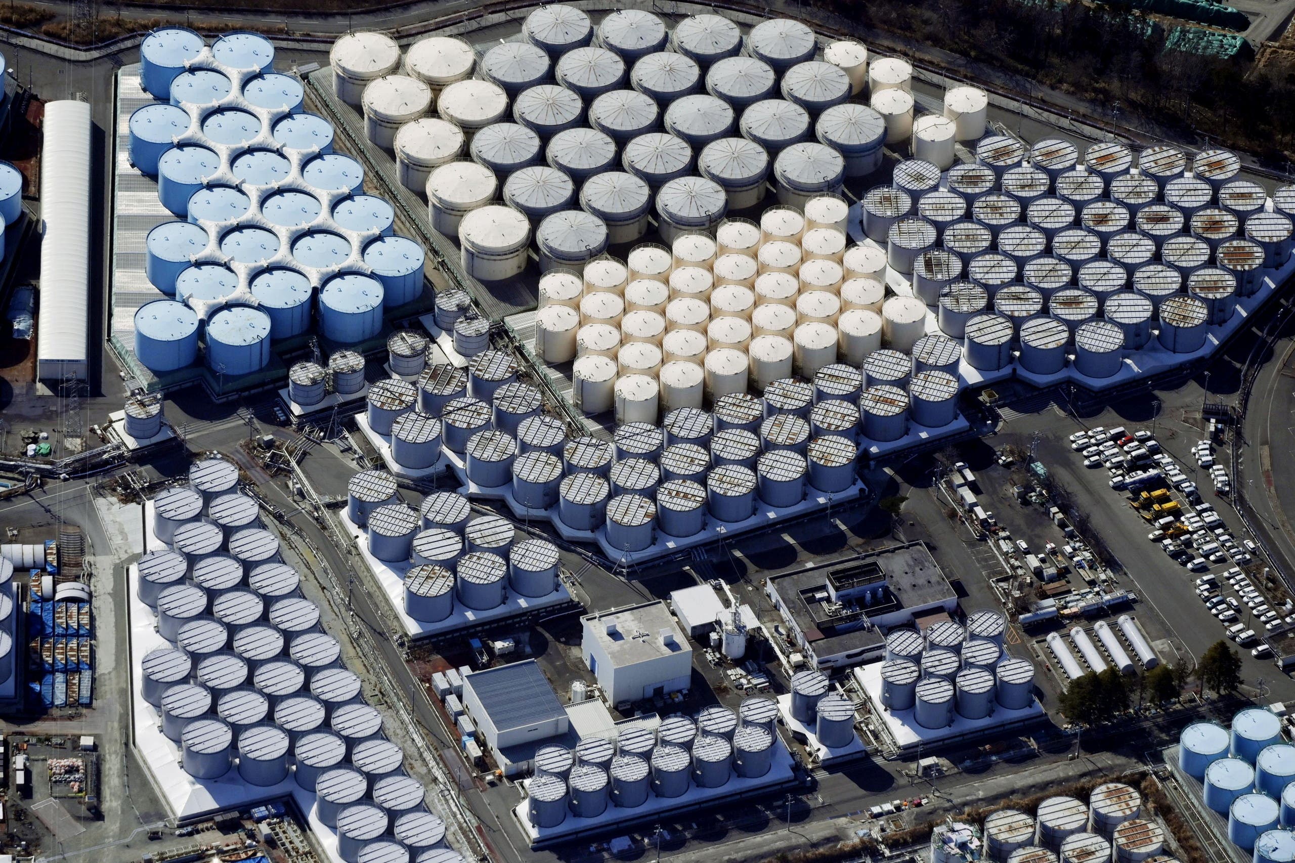 An aerial view shows the storage tanks for treated water at the tsunami-crippled Fukushima Daiichi nuclear power plant in Okuma town, Fukushima prefecture. (Reuters)