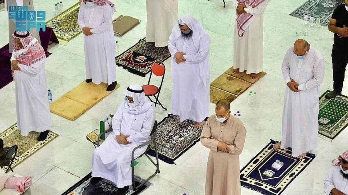 Muslims perform socially-distanced Taraweeh prayers in the Prophet’s Mosque in Medina ahead of the holy month Ramadan. (SPA)
