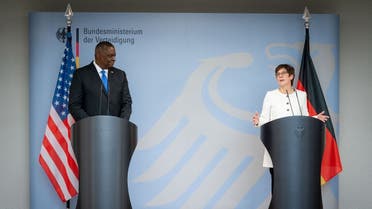 German Defence Minister Annegret Kramp-Karrenbauer (R) and US Defence Secretary Lloyd Austin address a joint press conference after a meeting in Berlin, on April 13, 2021. (AFP)