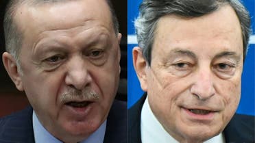 This combination of pictures created on April 14, 2021 shows a file photo taken on January 27, 2021 of Turkish President Recep Tayyip Erdogan (L) in Ankara, and a file photo taken on March 19, 2021 of Italy's Prime Minister, Mario Draghi in Rome. (AFP)