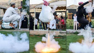 This combination of pictures taken on April 10, 2021 shows Saudi folklore dancers performing the art of Taashir, a traditional dance of the people of Taif, 750 kilometres west of Saudi Arabia's capital Riyadh. (AFP)