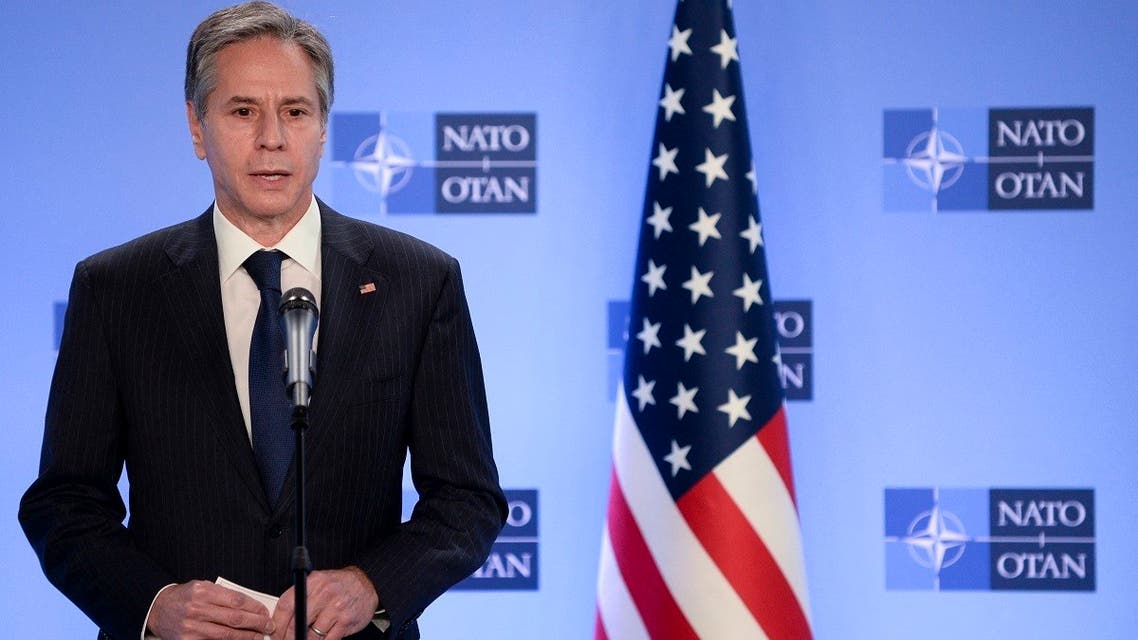 Secretary of State Antony Blinken speaks from Belgium, April 14, 2021. (AFP)