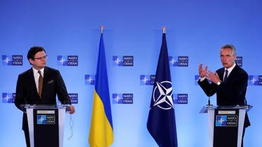 NATO Secretary General Jens Stoltenberg (R) and Ukraine’s Foreign Minister Dmytro Kuleba give a press conference following their meeting at NATO headquarters in Brussels, on April 13, 202. (Reuters)