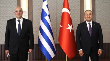 Turkish Foreign Minister Mevlut Cavusoglu meets with his Greek counterpart Nikos Dendias in Ankara, Turkey April 15, 2021. (Reuters)