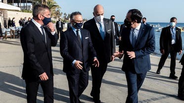 Israeli FM Gabi Ashkenazi, Anwar Gargash, diplomatic adviser of UAE's President, Greece's FM Nikos Dendias and Cypriot FM Nikos Christodoulides in Paphos, April 16, 2021. (Reuters)