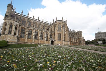 Flowers sit outside St George’s Chapel, following the death of Britain’s Prince Philip, the Duke of Edinburgh at the age of 99, at Windsor Castle, Berkshire, Britain, on April 16, 2021. (Reuters)