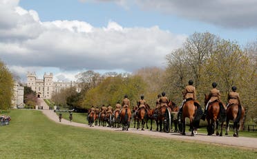 King’s Troop Royal Horse Artillery rehearses on the Long Walk towards Windsor Castle in Windsor, on April 15, 2021. (AP)