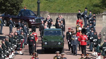 Members of the Royal Family follow the hearse, a specially modified Land Rover, during the funeral of Britain's Prince Philip, husband of Queen Elizabeth, who died at the age of 99, on the grounds of Windsor Castle in Windsor, Britain, April 17, 2021. (Reuters)