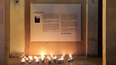 Candlelit Memorial Placcard to Gaïa Fodoulian, featuring a message from the AD Leb Team. (Image: Robert McKelvey)