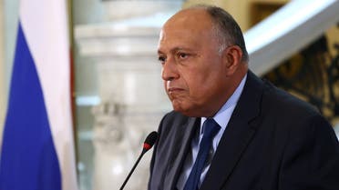 Egyptian Foreign Minister Sameh Shoukry attends a news conference following a meeting with Russian Foreign Minister Sergei Lavrov in Cairo, Egypt April 12, 2021. Russian Foreign Ministry/Handout via REUTERS ATTENTION EDITORS - THIS IMAGE WAS PROVIDED BY A THIRD PARTY. NO RESALES. NO ARCHIVES. MANDATORY CREDIT.