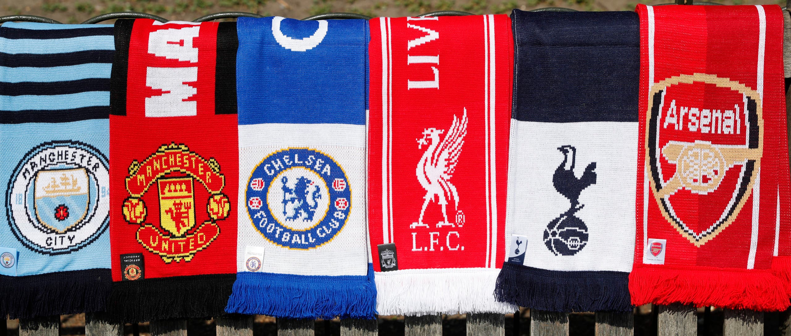  A selection of scarves of the English soccer Premier League teams who are reported to be part of a proposed European Super League, laid out and photographed, in London, Monday, April 19, 2021. (AP)