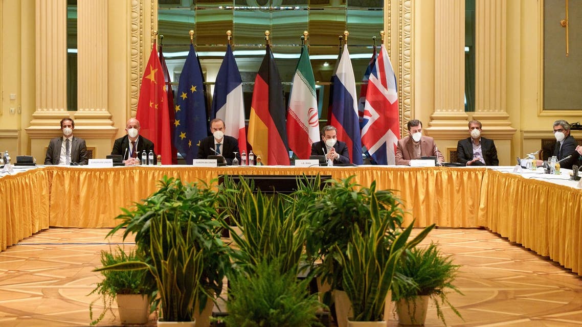 Delegation members from the parties to the Iran nuclear deal attend a meeting in Vienna, April 17, 2021. (Reuters)