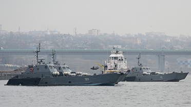 Landing crafts of the Russian Navy's Caspian Flotilla are pictured on the Don River during the inter-fleet move from the Caspian Sea to the Black Sea, on the outskirts of Rostov-on-Don, Russia April 12, 2021. (Reuters)