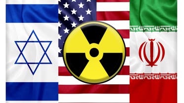 United states Iran and Israel flags with nuclear icon stock photo