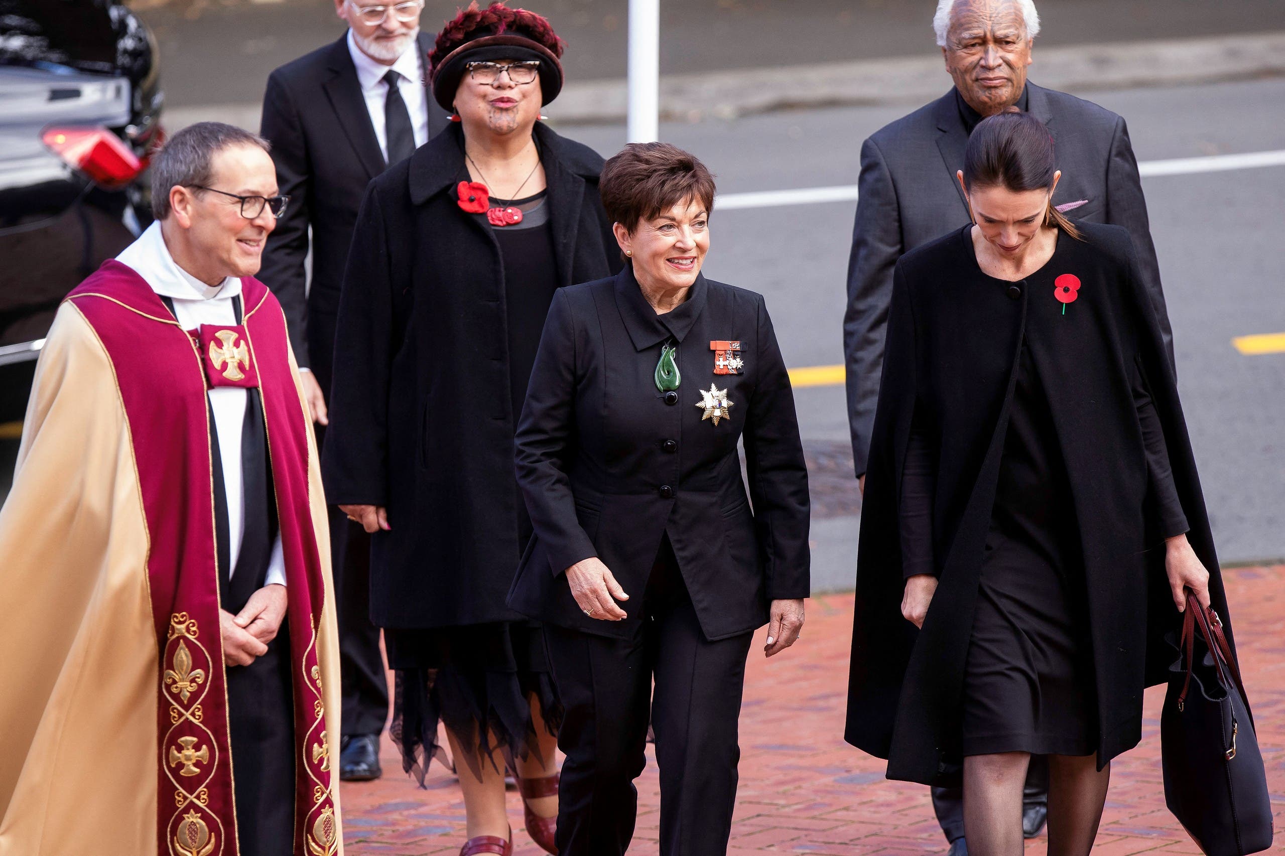 New Zealand Governor General Patsy Reddy (C) and Prime Minister Jacinda Ardern (R) arrive to attend the State Memorial Service for Britain's Prince Philip, Duke of Edinburgh at the Wellington Cathedral of St Paul on April 21, 2021. (File photo: AFP)