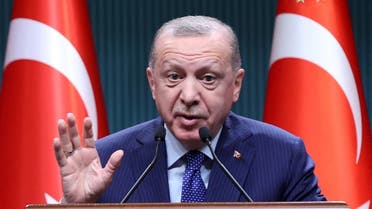 Turkish President Recep Tayyip Erdogan delivers a speech following an evaluation meeting at the Presidential Complex in Ankara on April 5, 2021. (AFP)