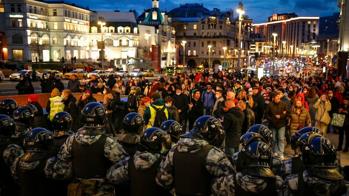 Riot police blocks traffic during the opposition rally in support of jailed opposition leader Alexei Navalny in Moscow, April 21, 2021. (AP)